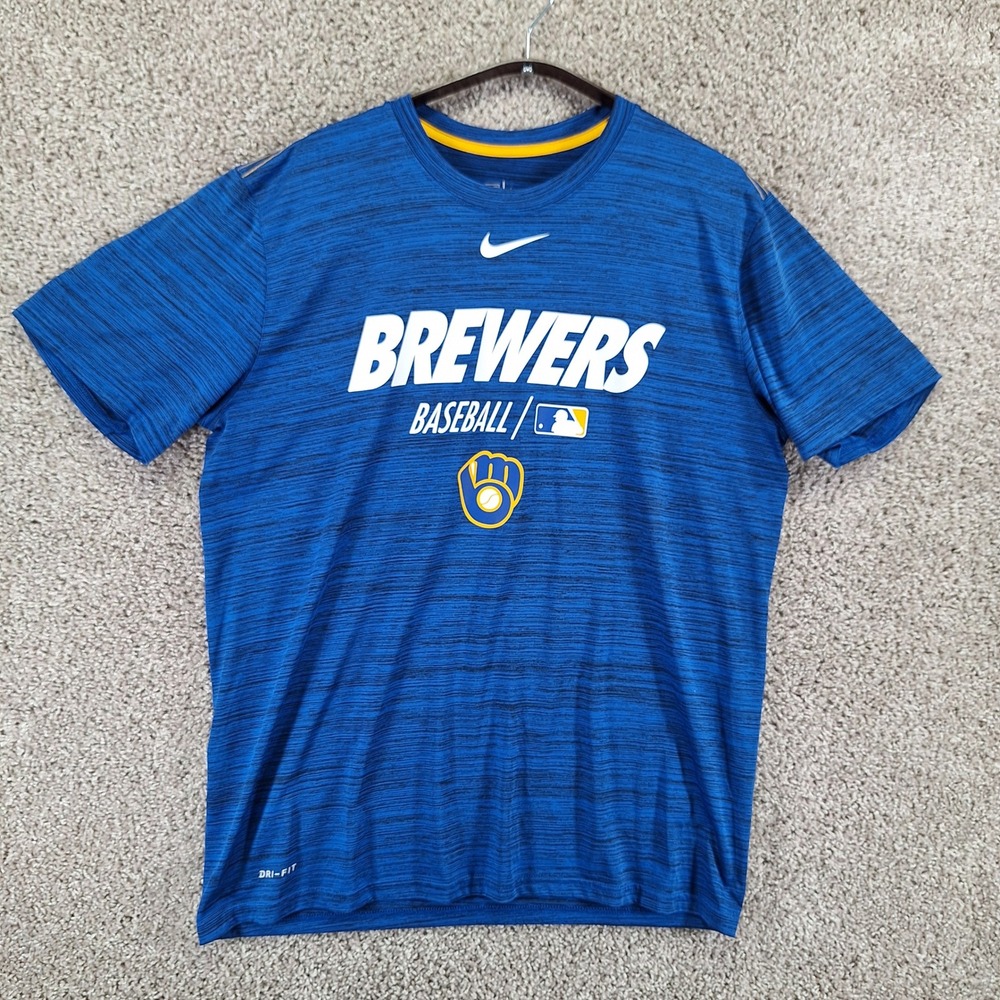 Nike T-Shirt Mens L Blue Milwaukee Brewers MLB Baseball Dri-Fit Gameday Sport